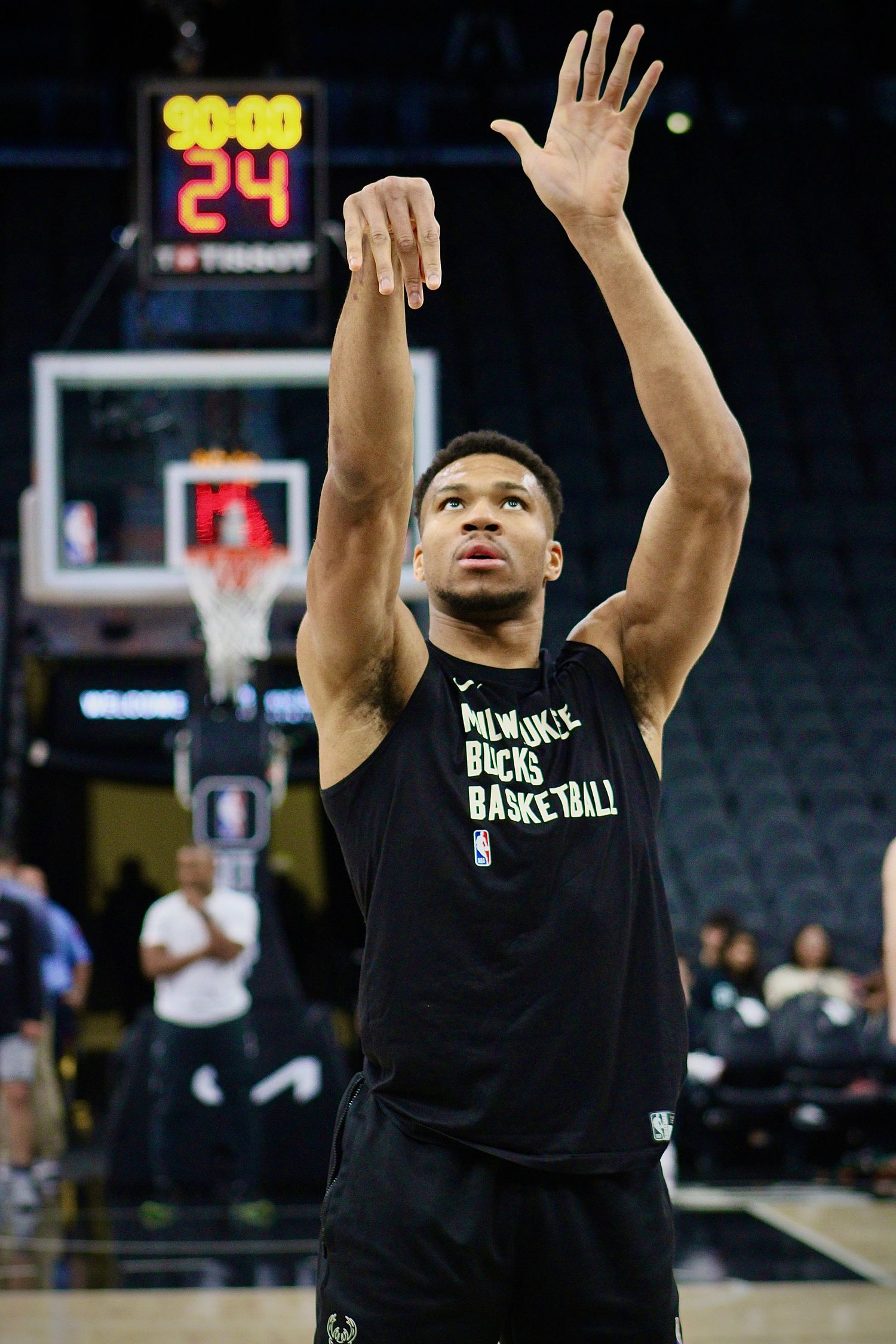 Jan 4, 2024; San Antonio, Texas, USA; Milwaukee Bucks forward Giannis Antetokounmpo (34) warms up at Frost Bank Center ahead of facing the San Antonio Spurs.